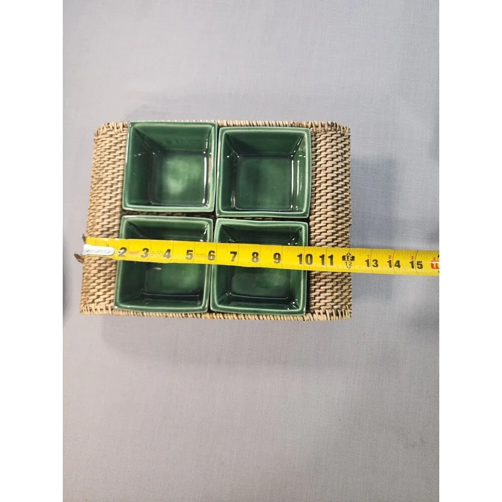 Vintage Green Ceramic 4-Section Relish Tray Set with Woven Rattan Serving Mat |